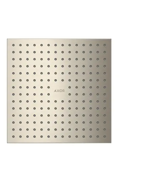 Kopfbrause von AXOR in brushed nickel, quadratisches Design mit gleichmäßig verteilten Düsenlöchern zur Wasserausgabe.